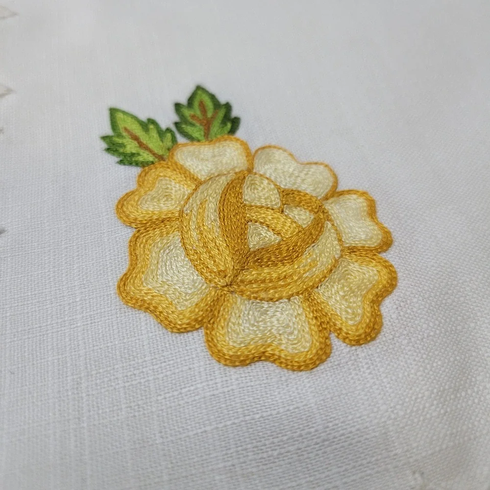 Embroidered Yellow Rose Linen Napkins Set 6 Scalloped Edge Vintage Decor‎ 34 in